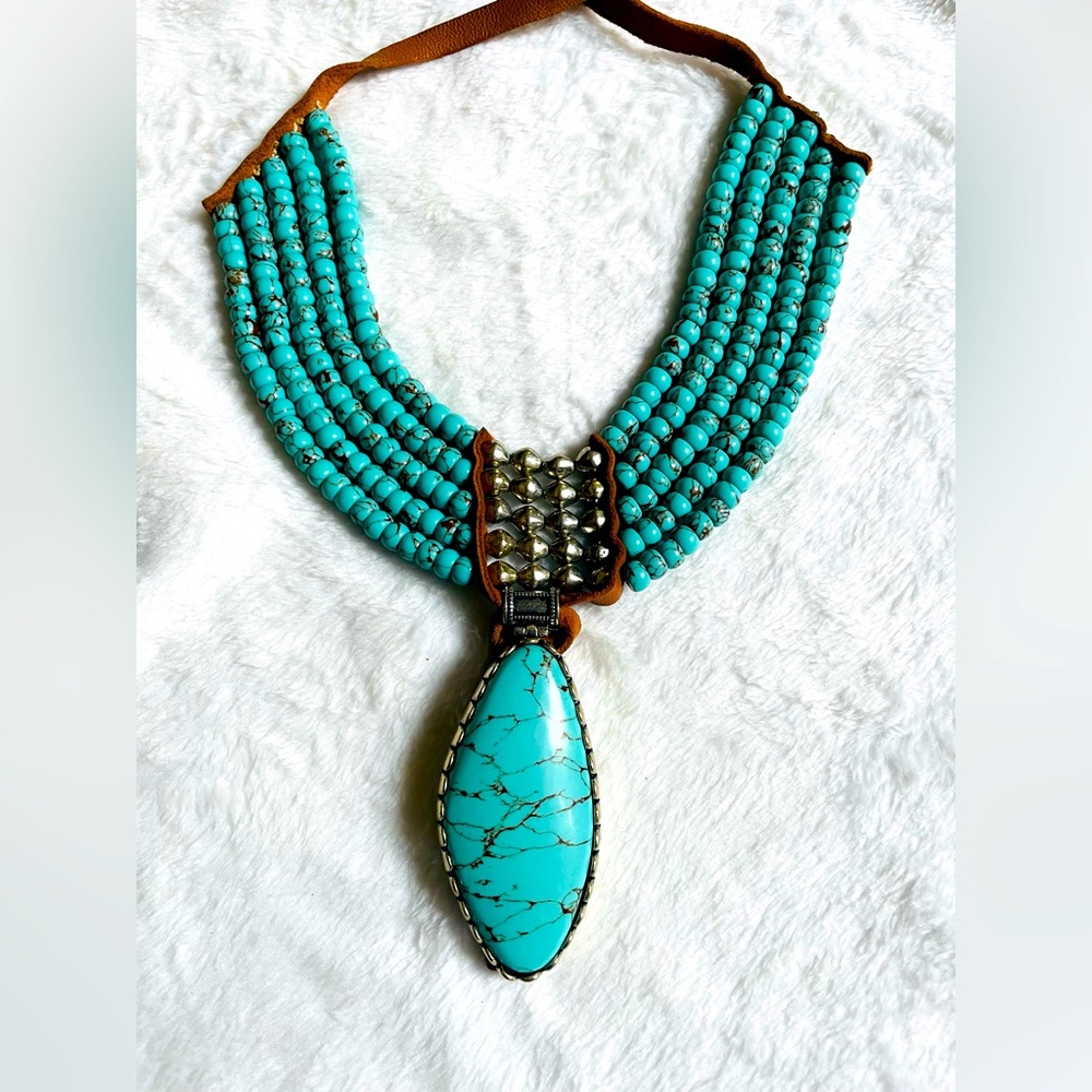Real turquoise silver bead necklace, leather tie closure, Native American style